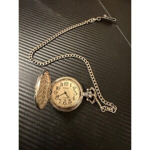 Milan Pocket Watch Hunter Scene Silver Gold Tone Japan Quartz Movement Chain